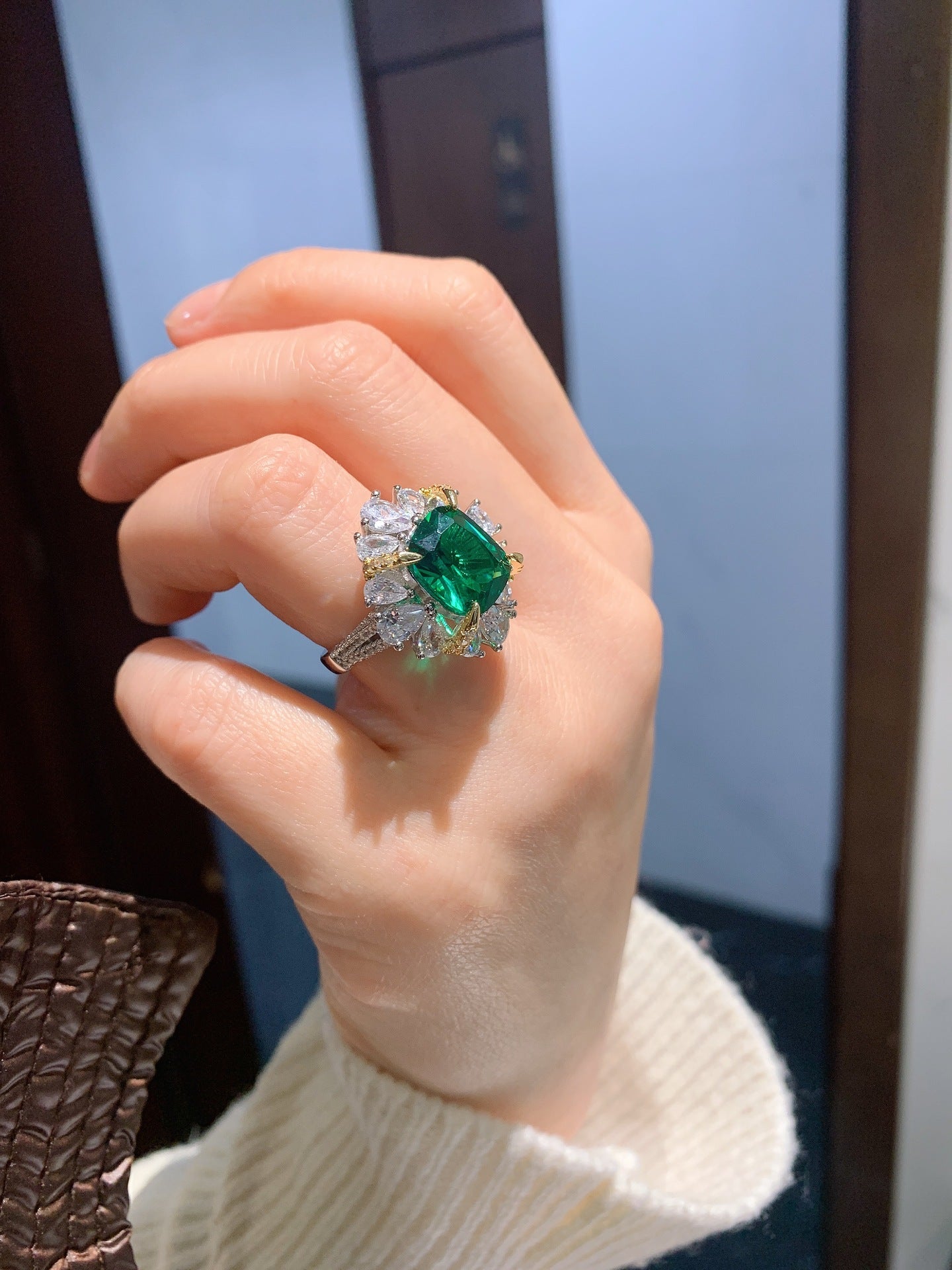 Cushion Drop Green Solitaire Silver Anti Tarnish Free Size Ring Bulk