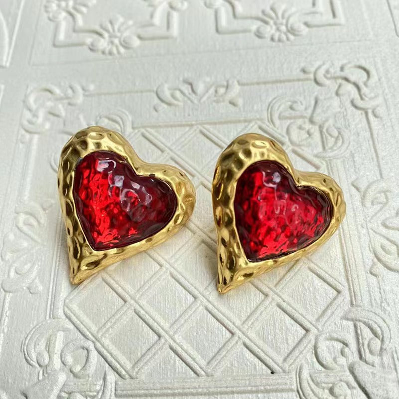 Heart Crystal 18K Gold Red Green Anti Tarnish Stud Earring Women Bulk