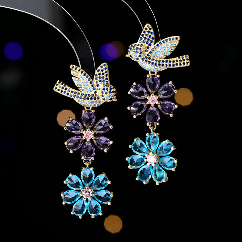 Floral Bird 18K Gold Pink Blue CZ Anti Tarnish Drop Earring Bulk