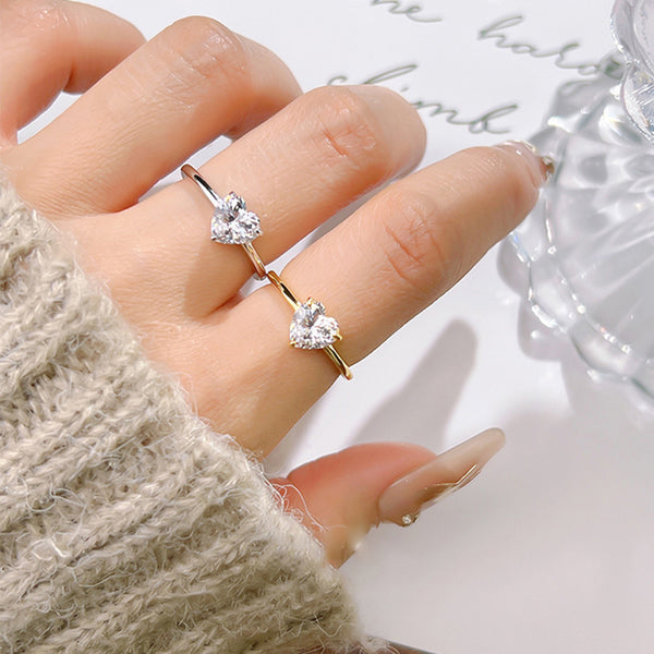 Gold Silver Heart Cubic Zirconia Copper Adjustable Ring For Women Bulk Main image