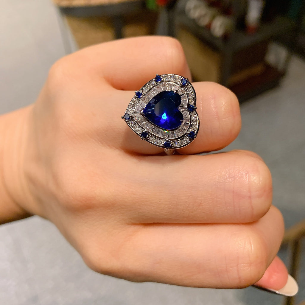 Heart Love Blue Silver Anti Tarnish Free Size Ring For Women Bulk
