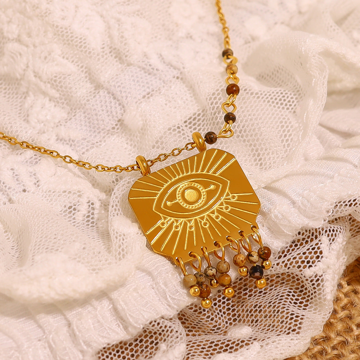 Designer Evil Eye Gold Brown Beads Tassel Stainless Steel Necklace Bulk