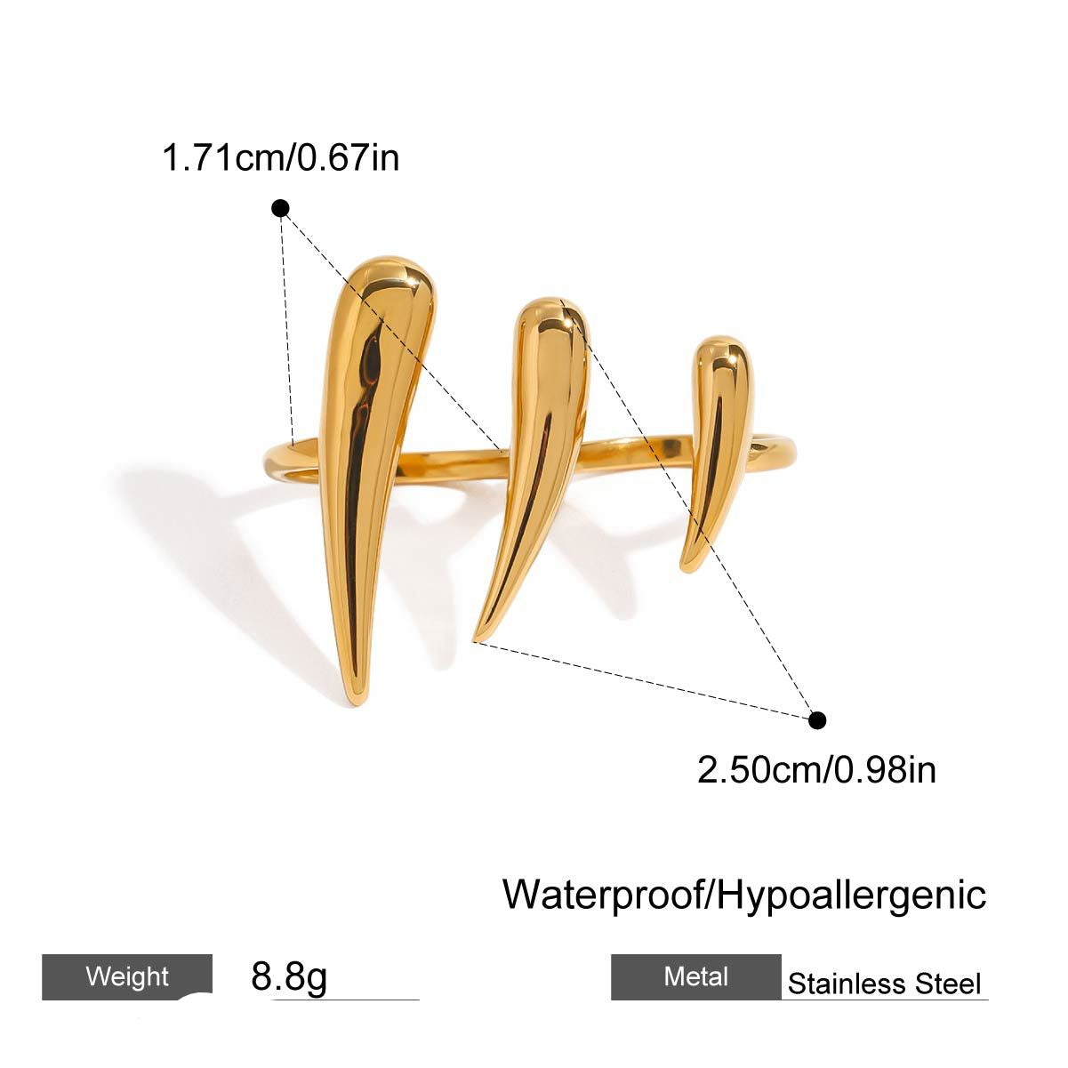 Pointy 18K Gold Anti Tarnish Stainless Steel Dual Finger Ring Bulk
