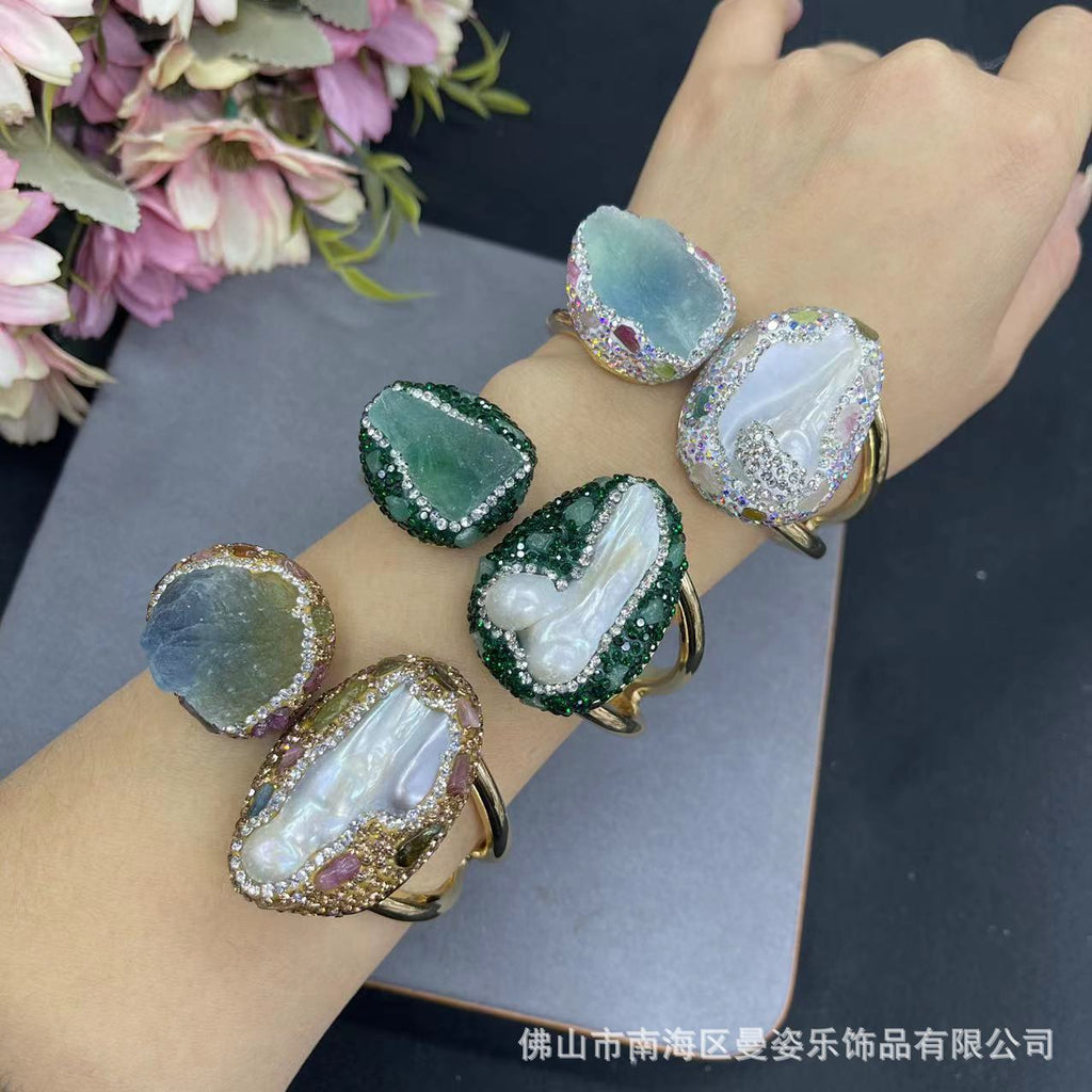 Dual Gemstone 18K Gold Pearl Openable Kada Bracelet For Women Bulk