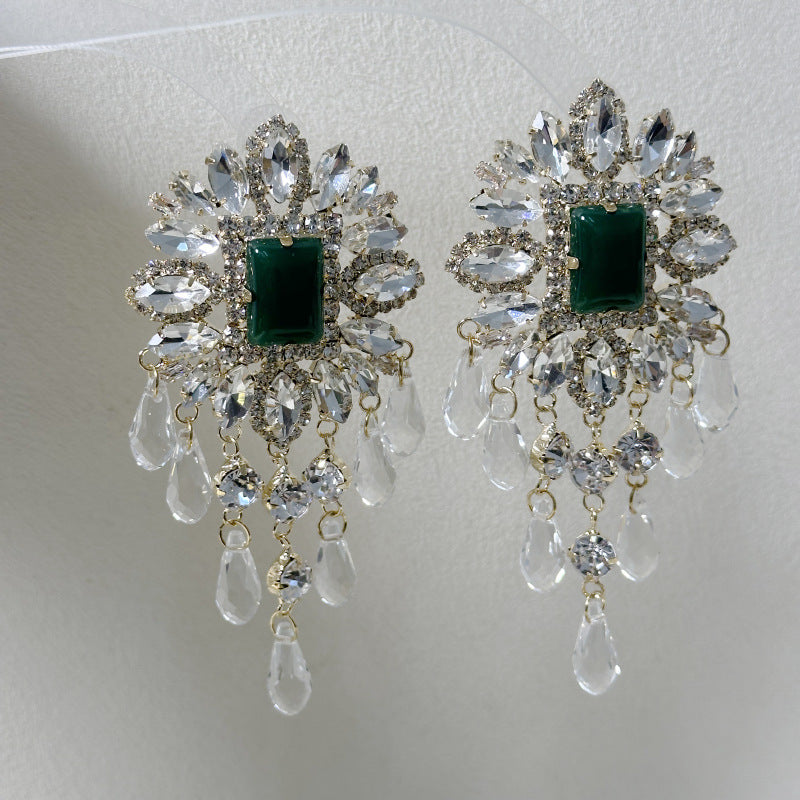Flower Cubic Zirconia Emerald Green Silver Tassel Dangler Earring Bulk