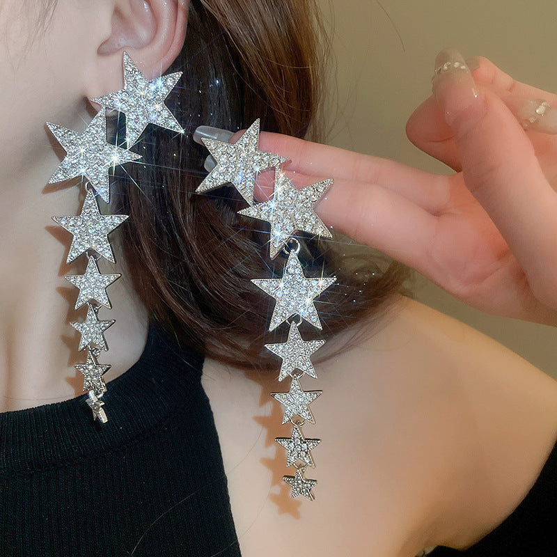 Star CZ Silver White Anti Tarnish Dangler Tassel Earring Bulk Secondary image