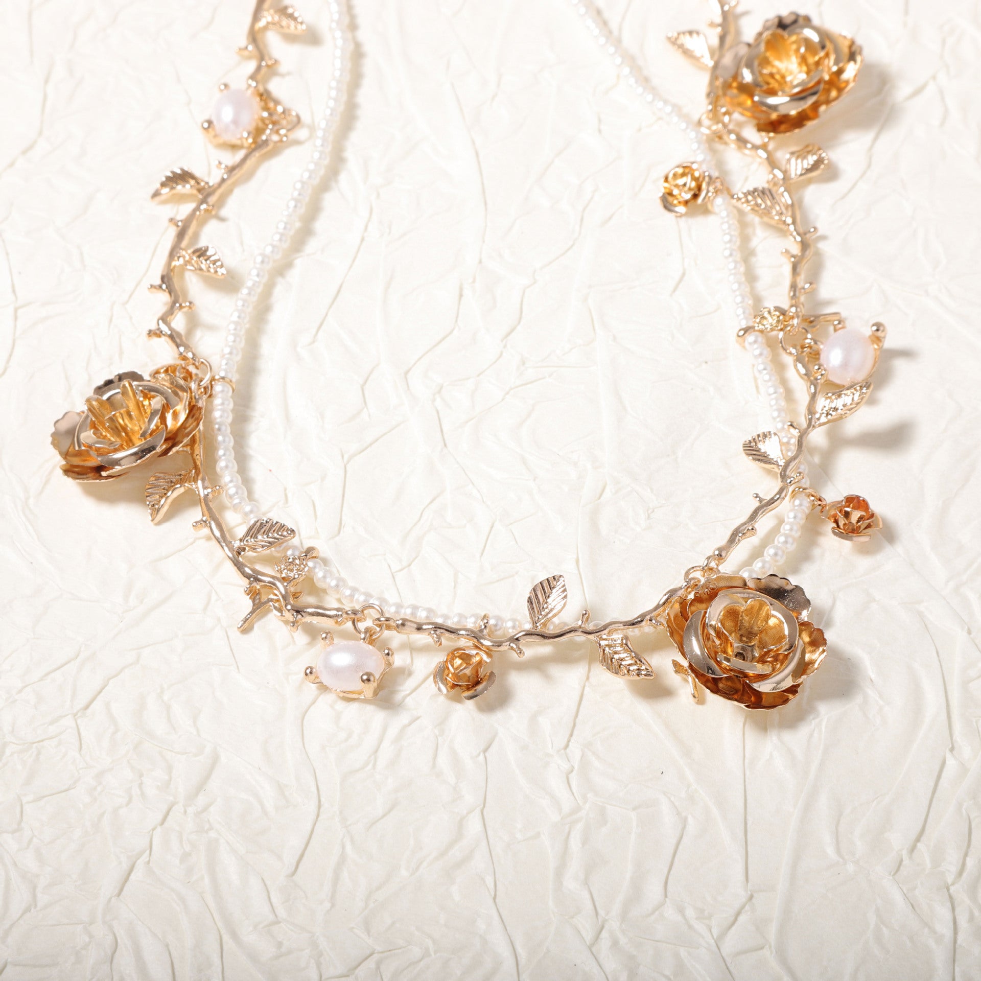Flower Leaves 18K Gold Silver Pearl Dual Layer Necklace For Women
