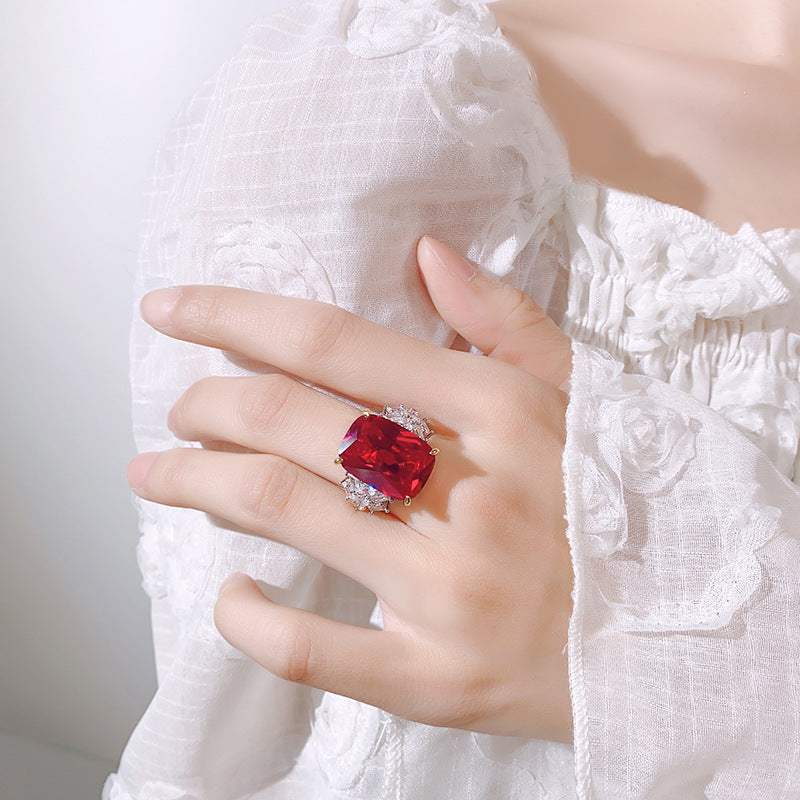 Rectangle Red Corundum Cubic Zirconia Silver Adjustable Ring Bulk