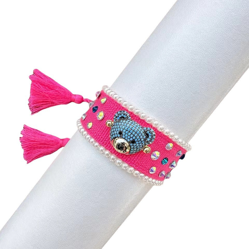Teddy Bear Face Crystal Fabric Writ Band Threads Bracelet Bulk
