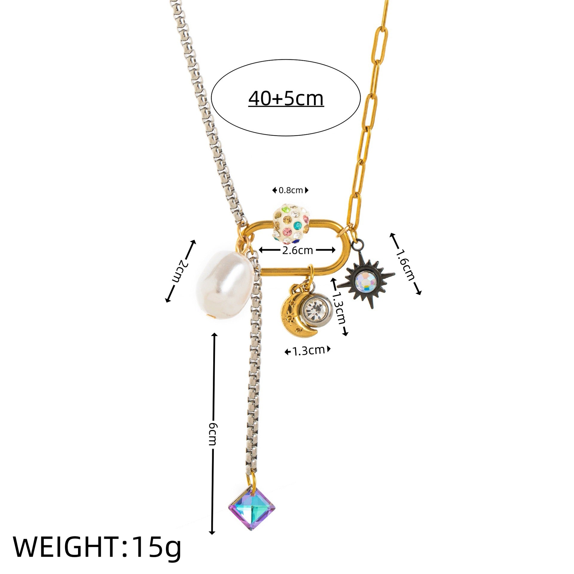 Star Moon Two Tone 18K Gold Silver Black Crystal Charm Stainless Steel Anti Tarnish Necklace Chain For Women