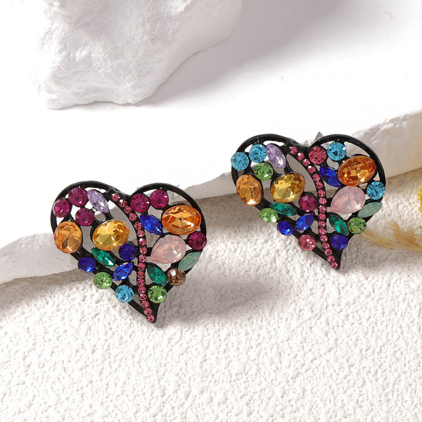 Rainbow Heart Love Black Crystal Multi Gemstone Stud Earring Bulk Main image