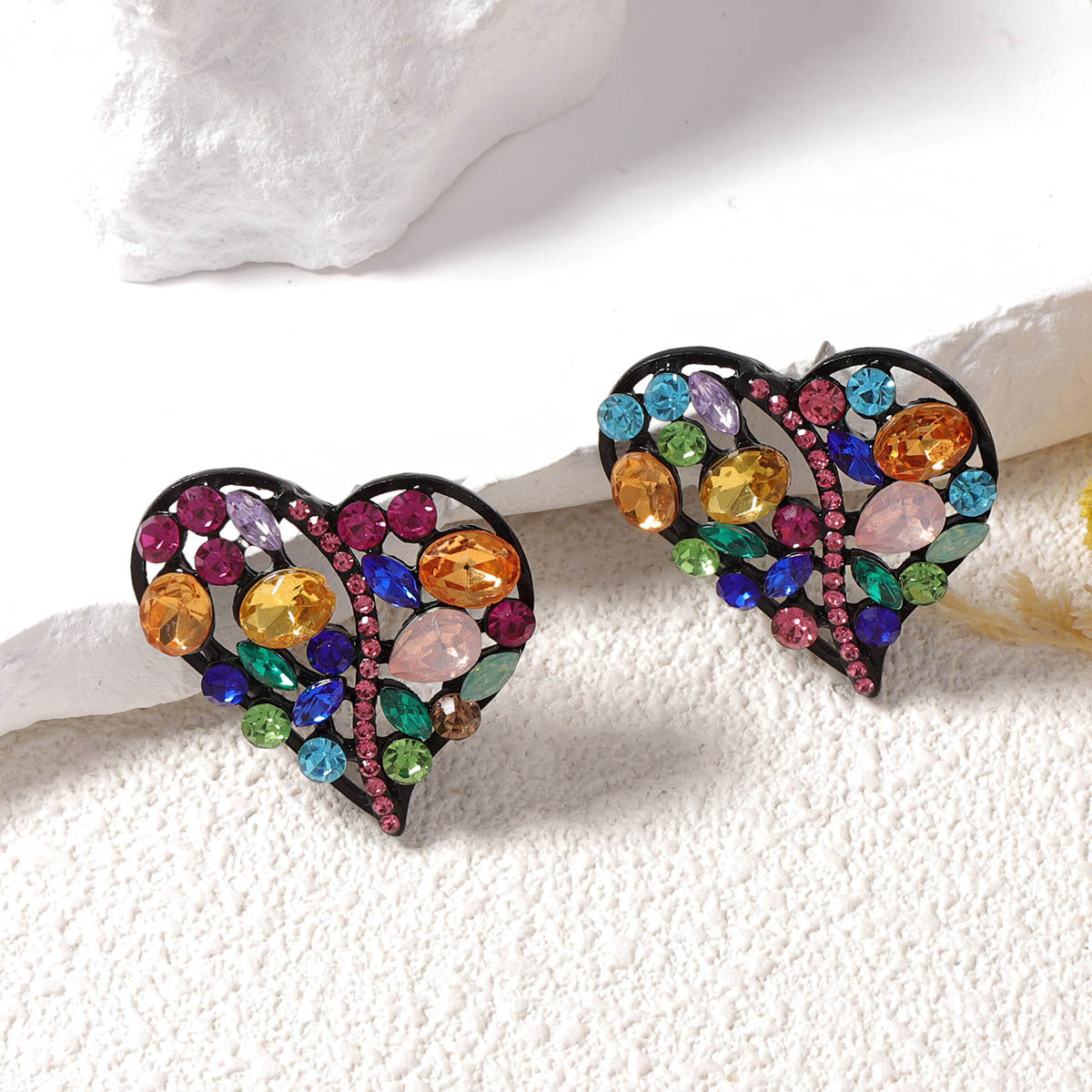 Rainbow Heart Love Black Crystal Multi Gemstone Stud Earring Bulk