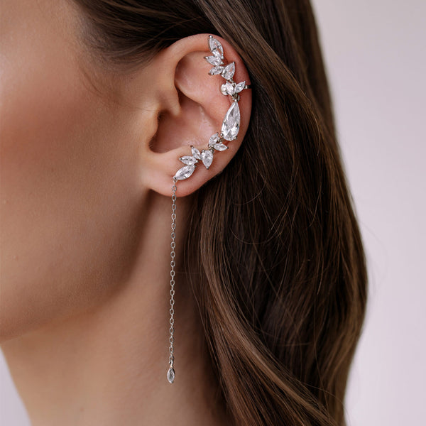 Leaf Rhinestone Dangling Chain Silver Clip On Ear Cuff Earring Bulk Main image