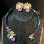 Rainbow Flower 18K Gold Multi Gemstone Pearl Crystal Cubic Zirconia Anti Tarnish Necklace Earring Set For Women