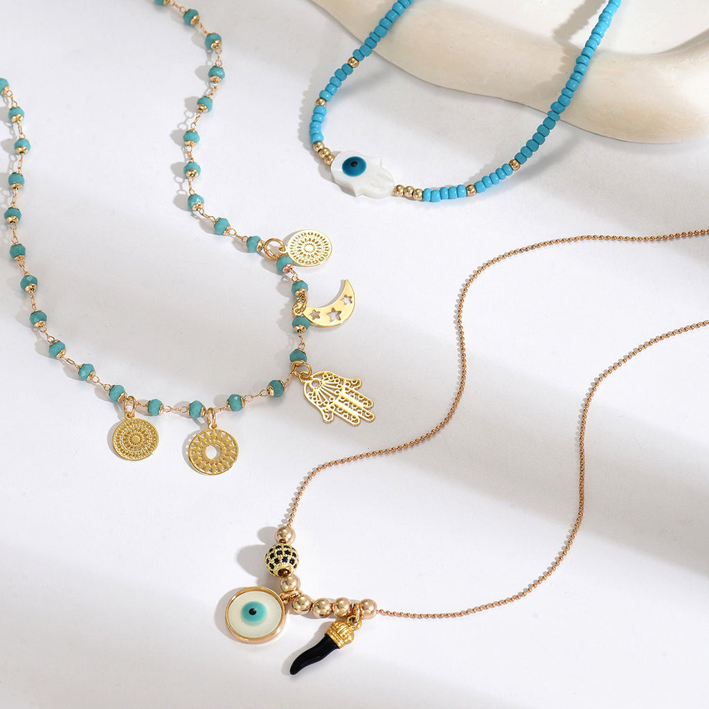Multi Color Evil Eye Layered Hamsa Charm Gold Beads Necklace Women Bulk