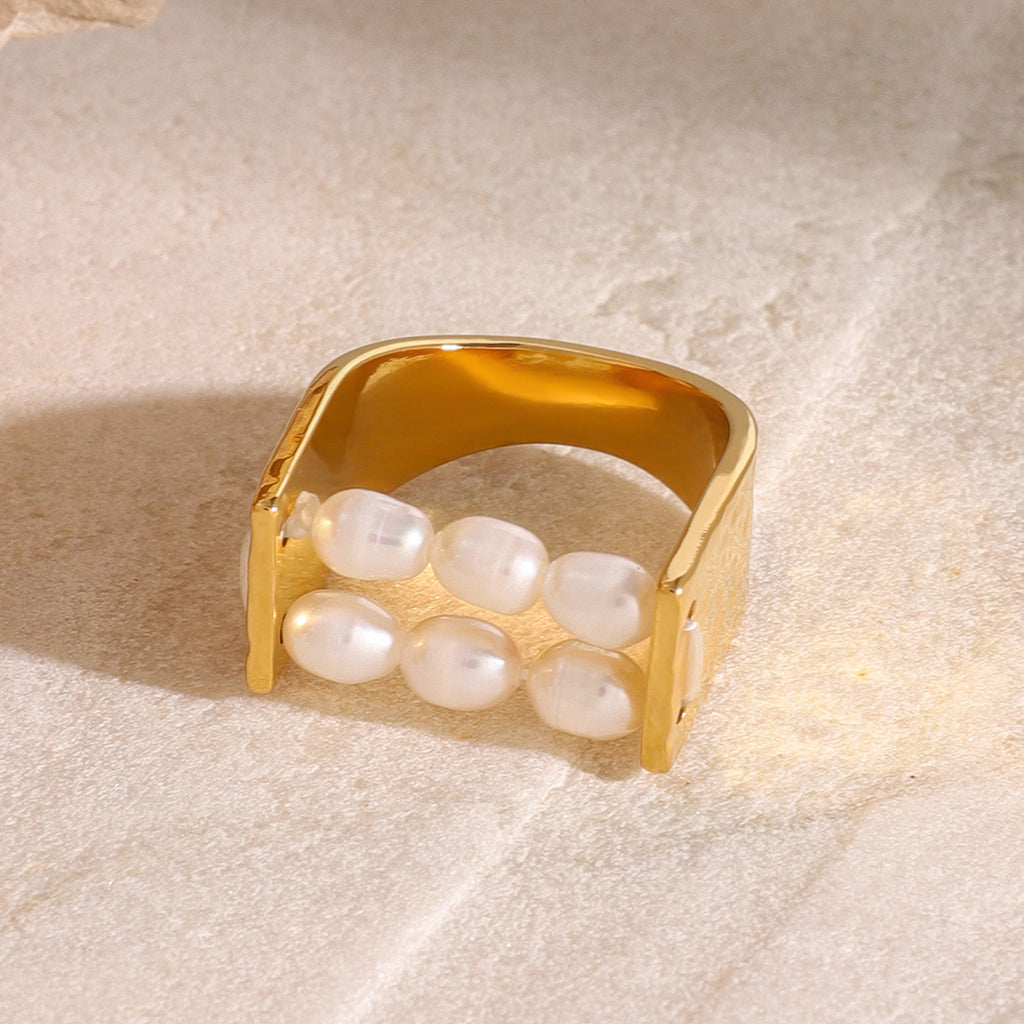 Geometric 18K Gold White Pearl Anti Tarnish Stainless Steel Ring Bulk