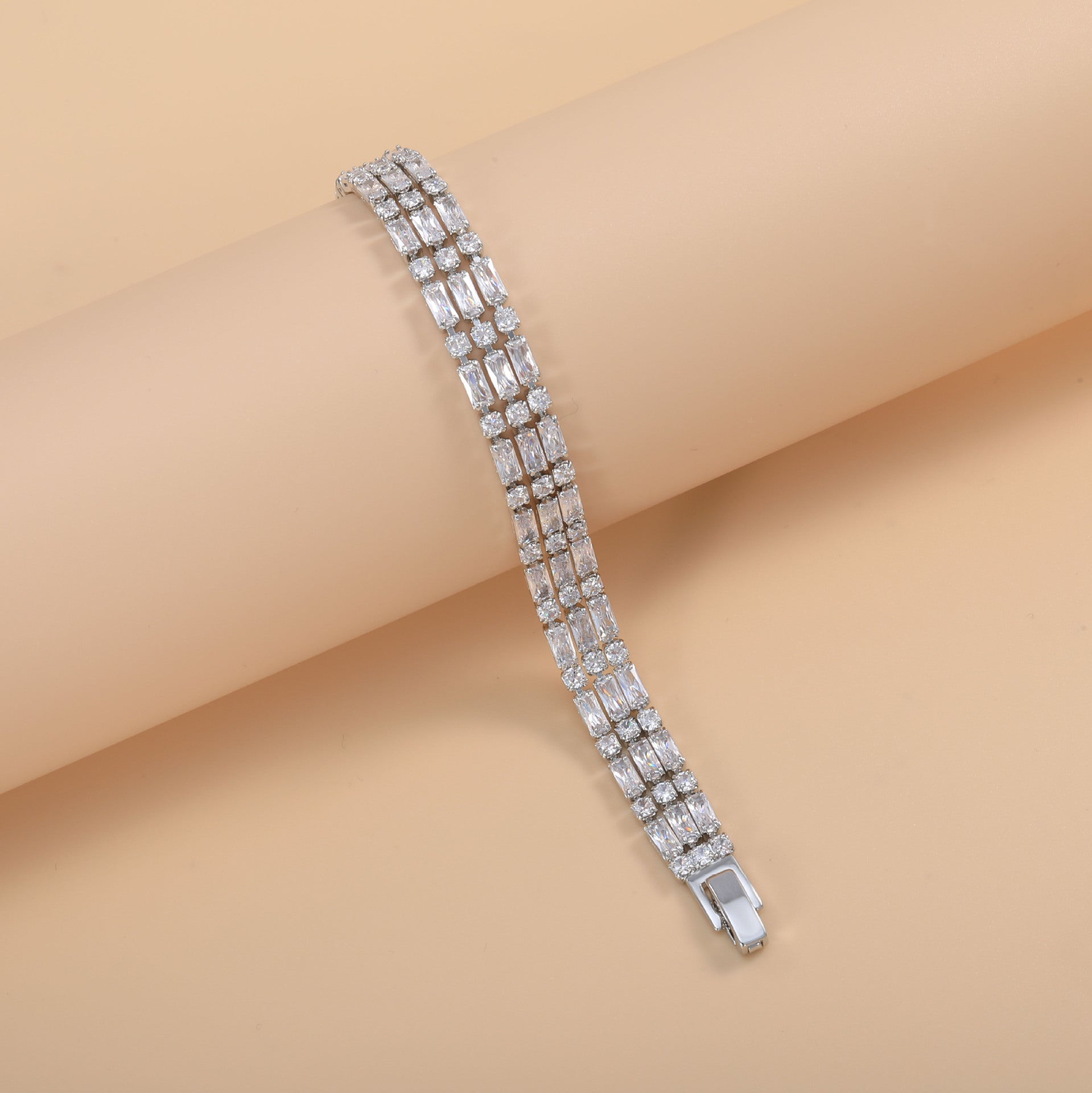 Bulk Triple Row Baguette & Round Gold Silver Plated CZ Copper Bracelet Secondary image