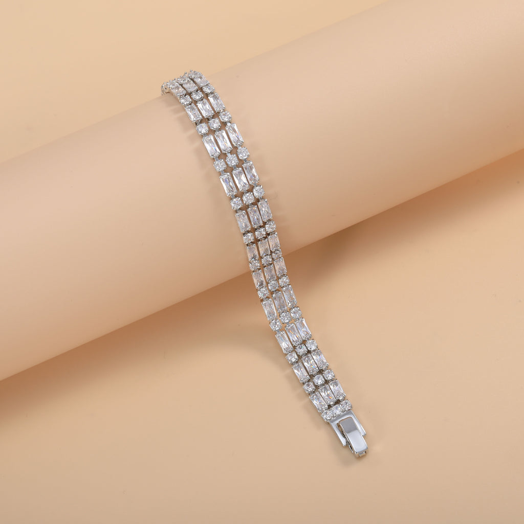 Bulk Triple Row Baguette & Round Gold Silver Plated CZ Copper Bracelet