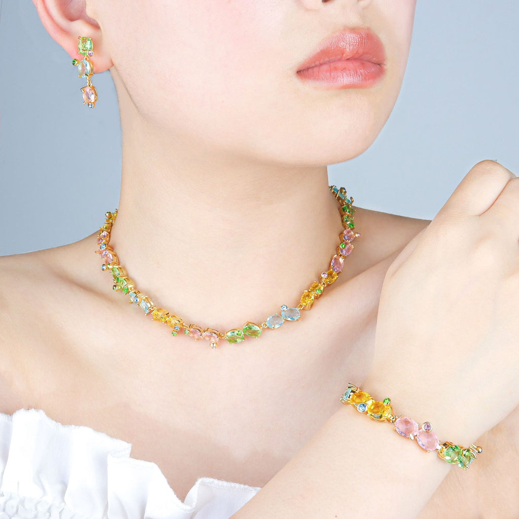 Multi Color Designer Oval-Cut Gold CZ Copper Necklace Combo Set Bulk