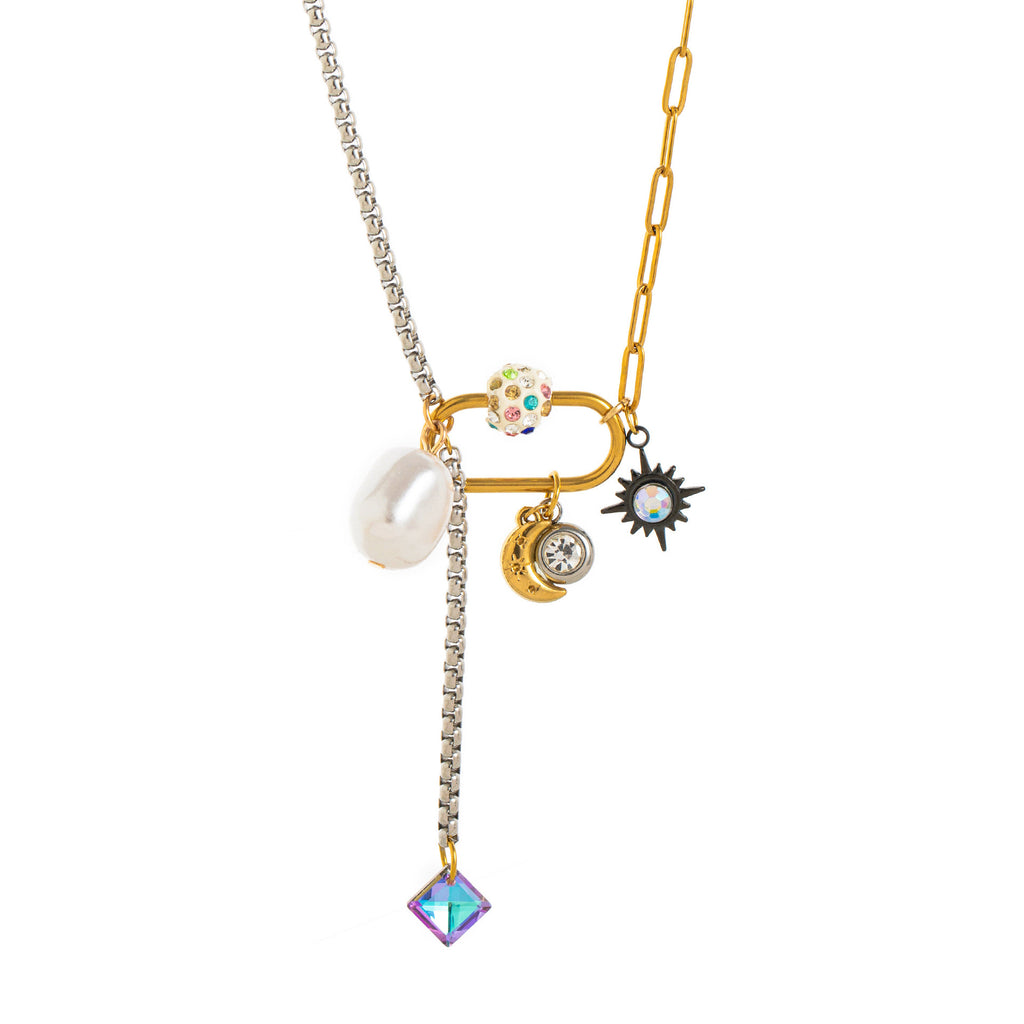 Star Moon Two Tone 18K Gold Silver Black Crystal Charm Stainless Steel Anti Tarnish Necklace Chain For Women