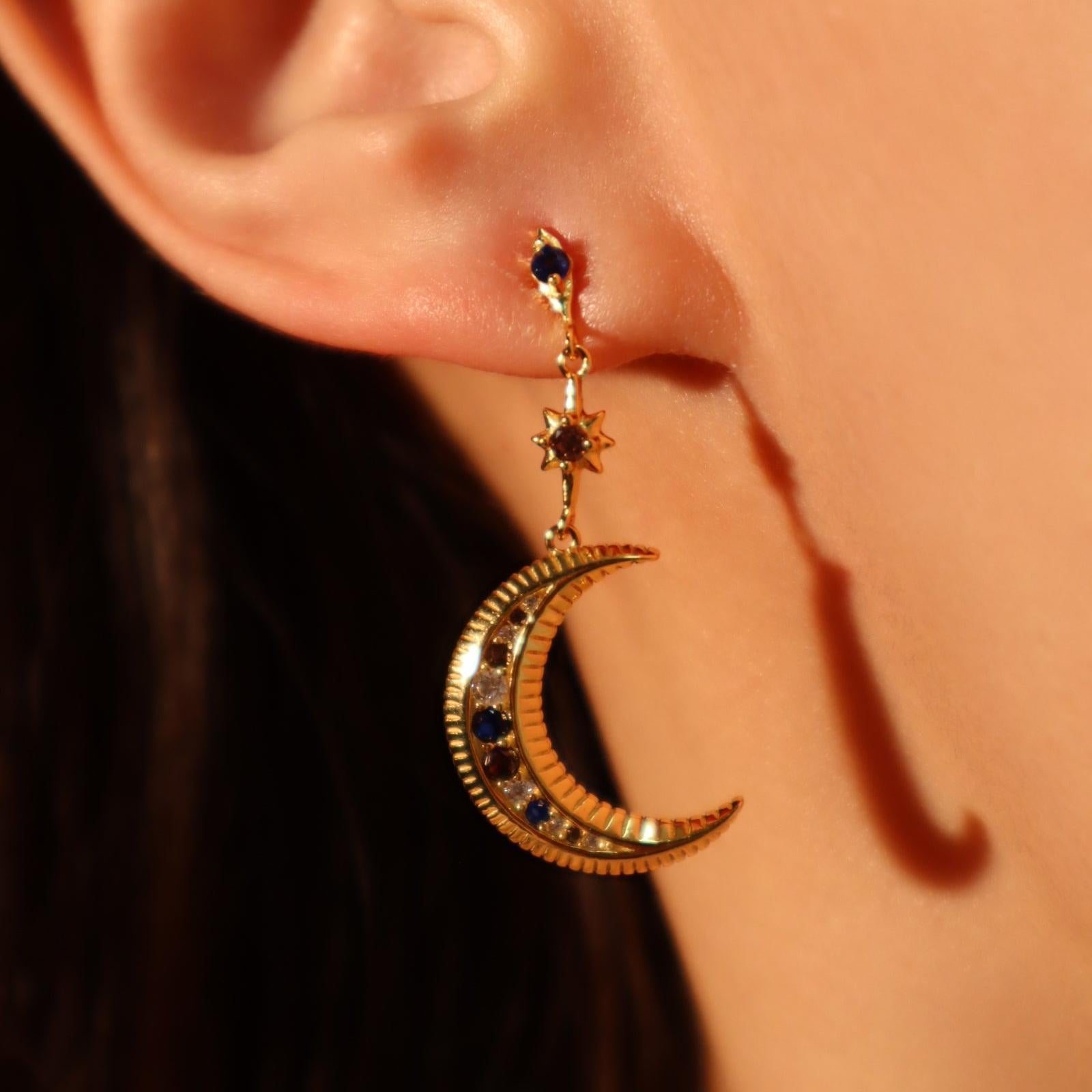 Star Moon 18K Gold CZ Anti Tarnish Dangler Hoop Earring Bulk