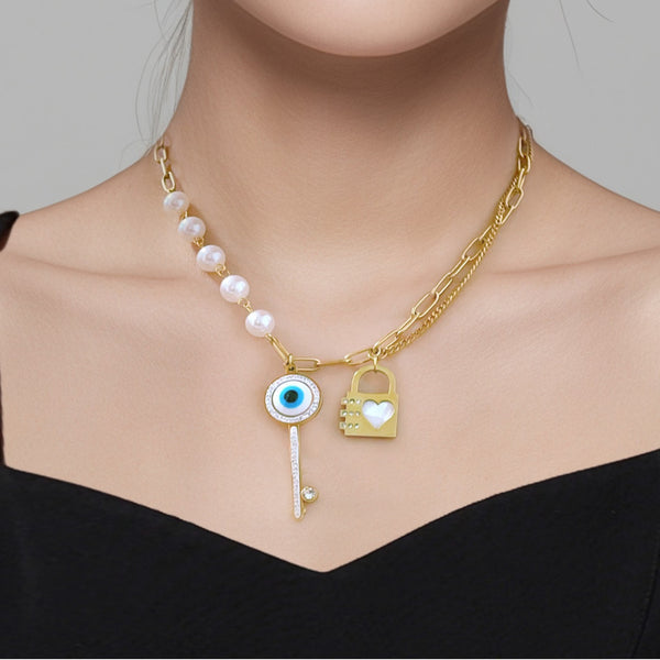 Heart Key Lock Evil Eye Pearl Gold Stainless Steel Necklace Chain Bulk Secondary image
