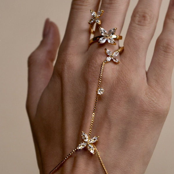 Flower Solitaire Gold Silver Anti Tarnish Box Chain Bracelet Joint Ring For Women Secondary image