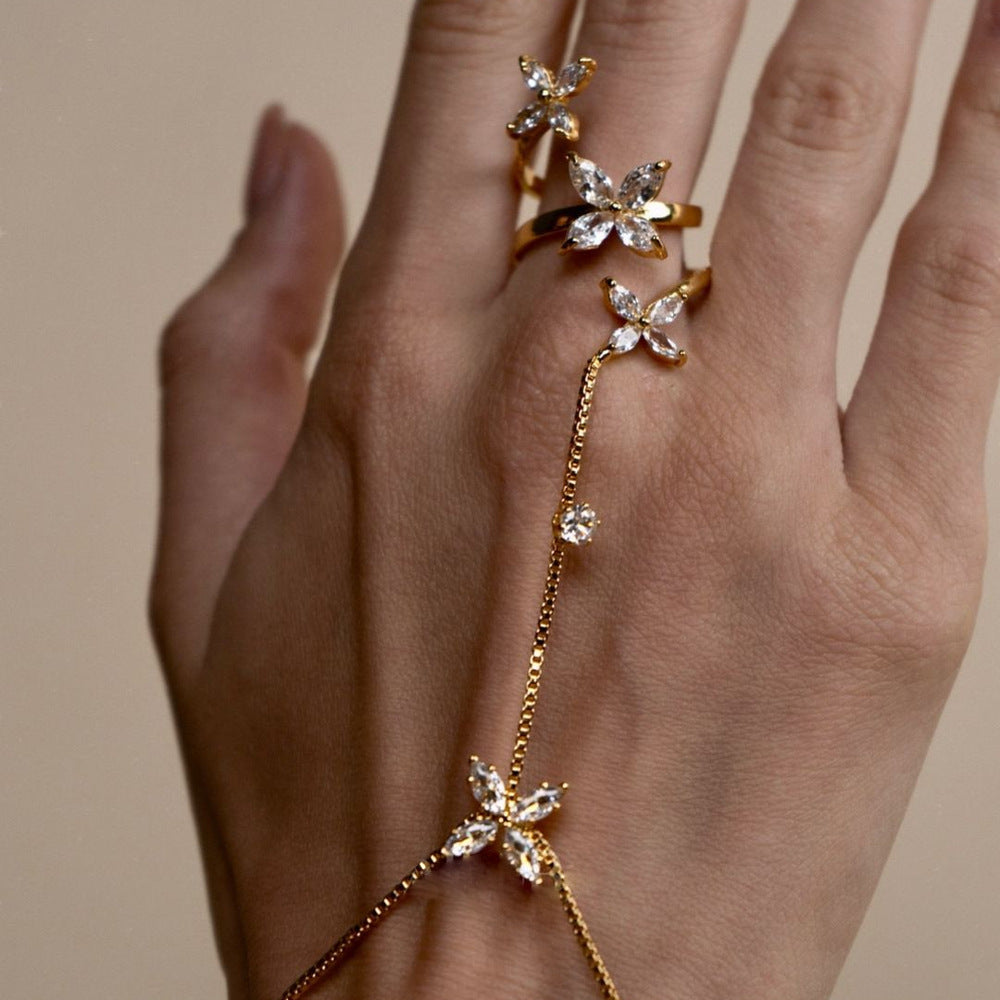 Flower Solitaire Gold Silver Anti Tarnish Box Chain Bracelet Joint Ring For Women