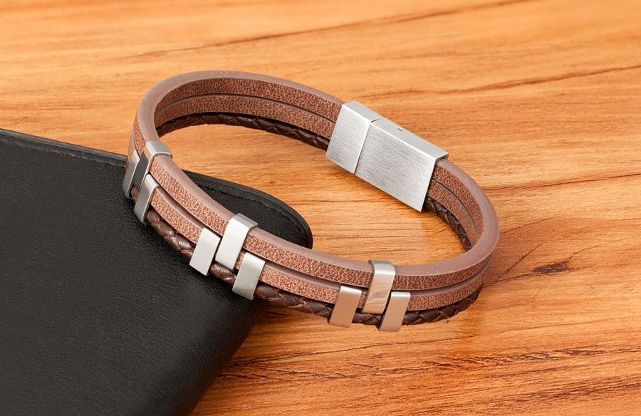 Layer Black Brown Blue Silver Leather Stainless Steel Bracelet Bulk