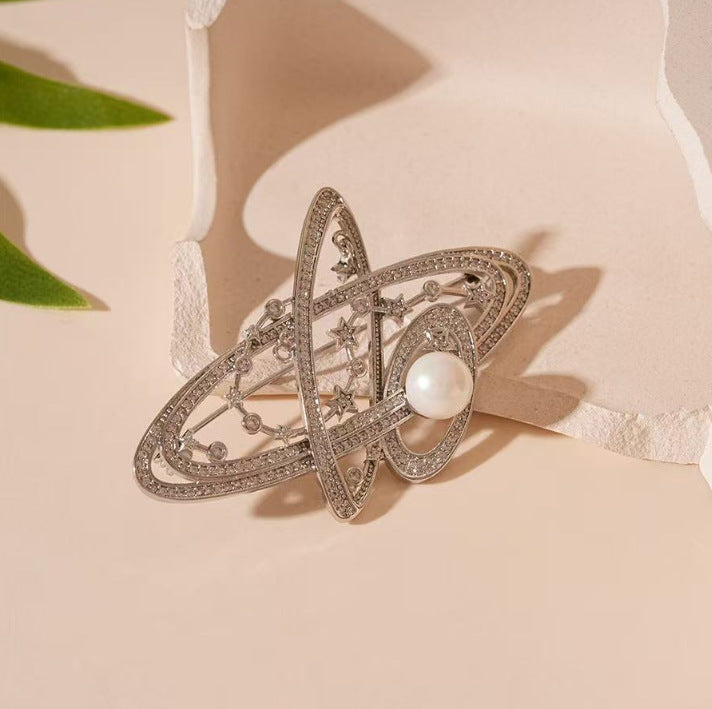 Gold Silver Saturn Planet Cubic Zirconia Copper Brooch For Women Bulk