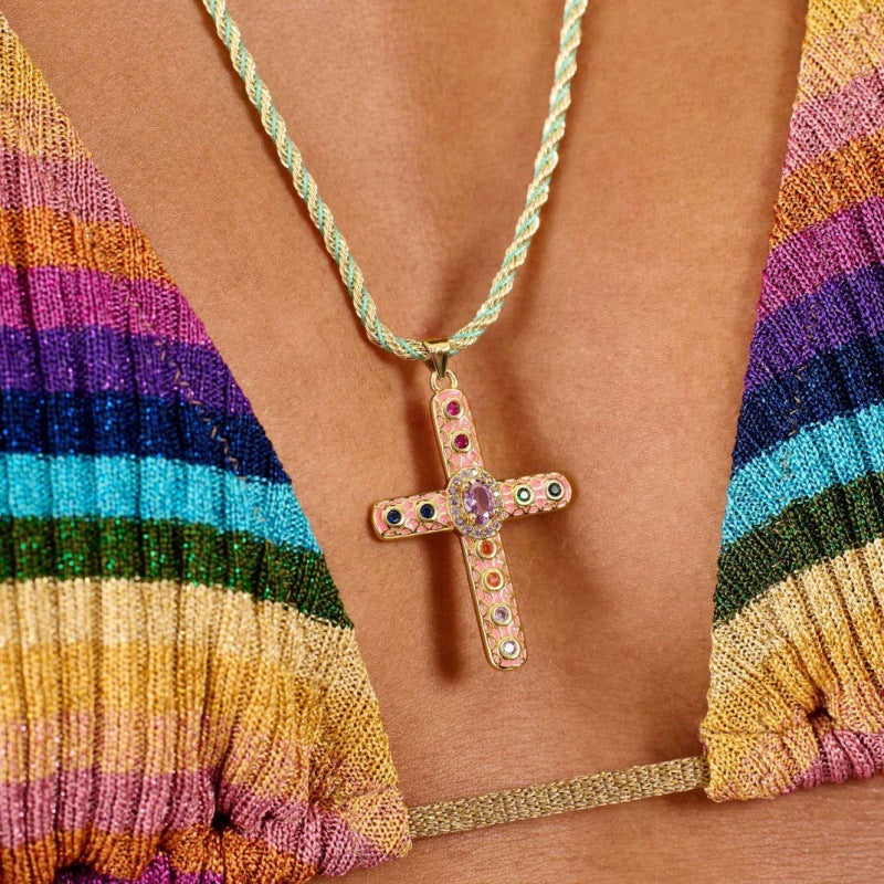 Cross Rosary Prayer Crystal Enamel 18K Gold Thread Anti Tarnish Necklace Pendant For Women