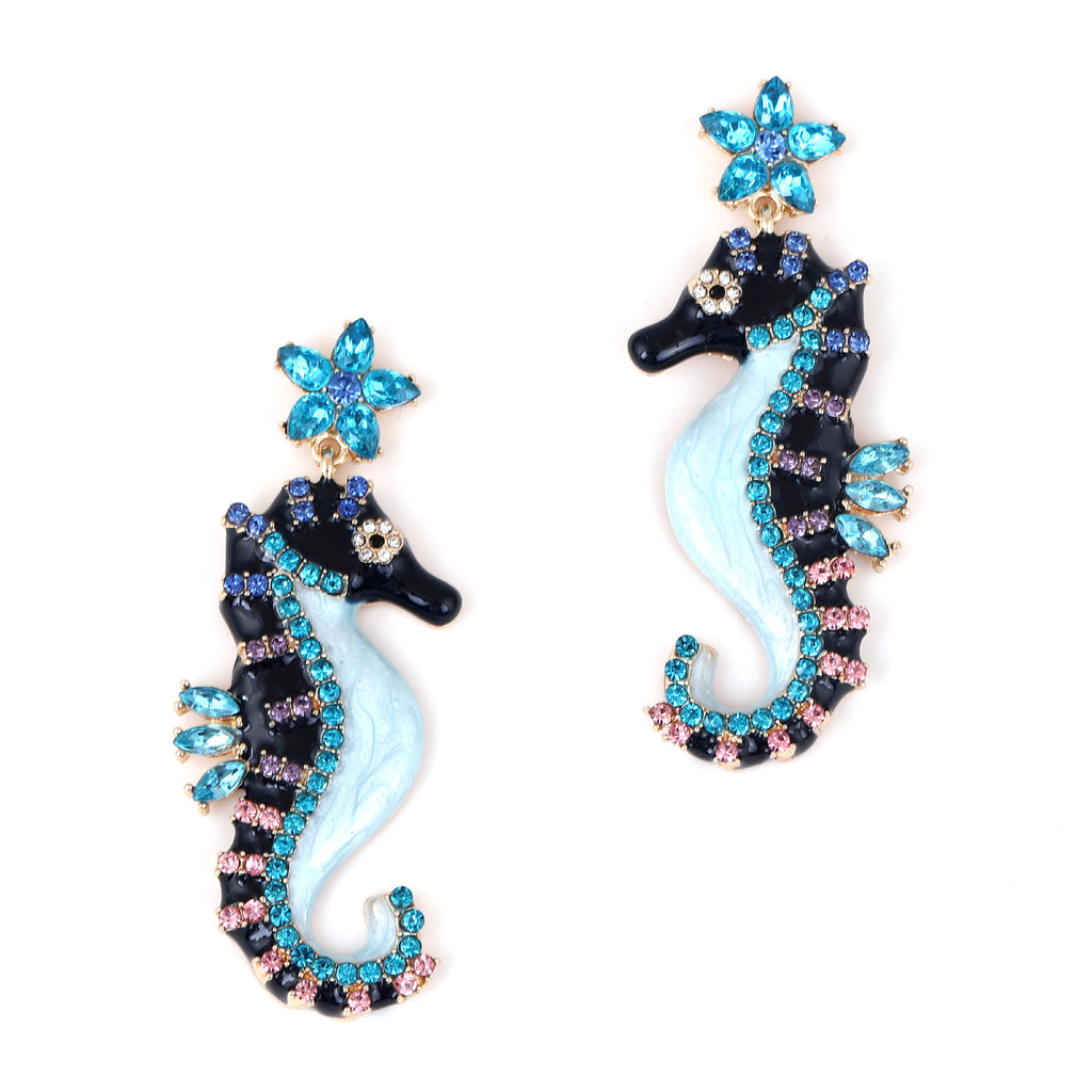 Seahorse Flower Multi CZ Enamel Anti Tarnish Dangler Earring Bulk