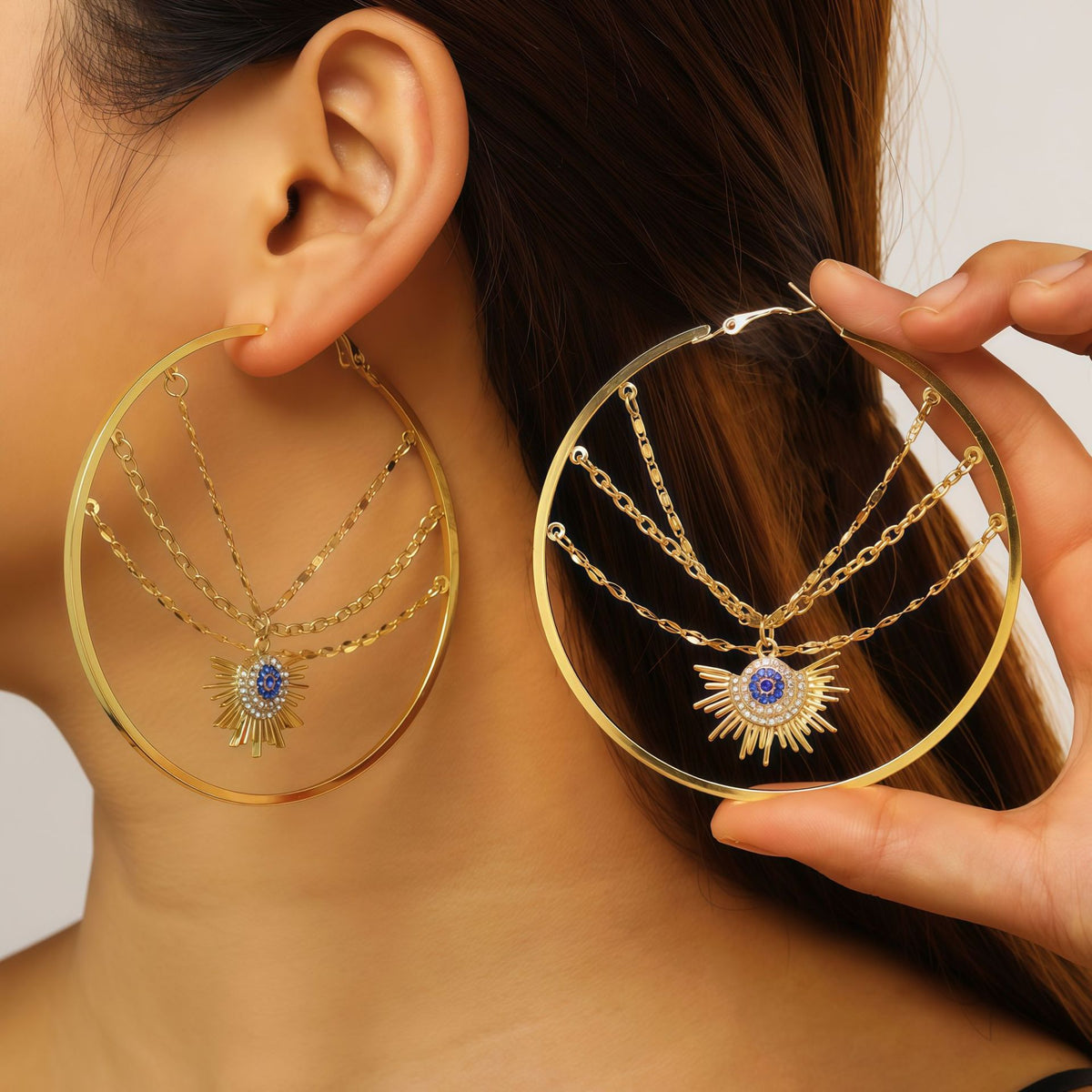 Designer Evil Eye Sunburst Gold Plated CZ Copper Hoop Earrings Bulk