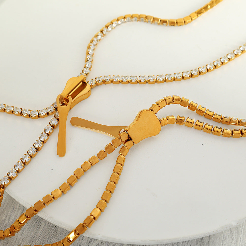 Stylish Zipper Style Gold CZ Anti Tarnish Stainless Steel Necklace Bulk