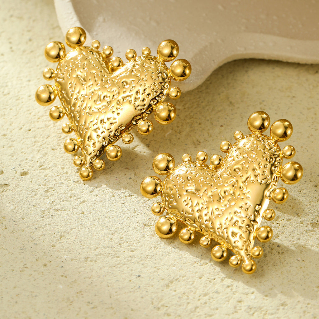 Beaten Finis Heart Gold Stainless Steel Anti Tarnish Stud Earring Bulk