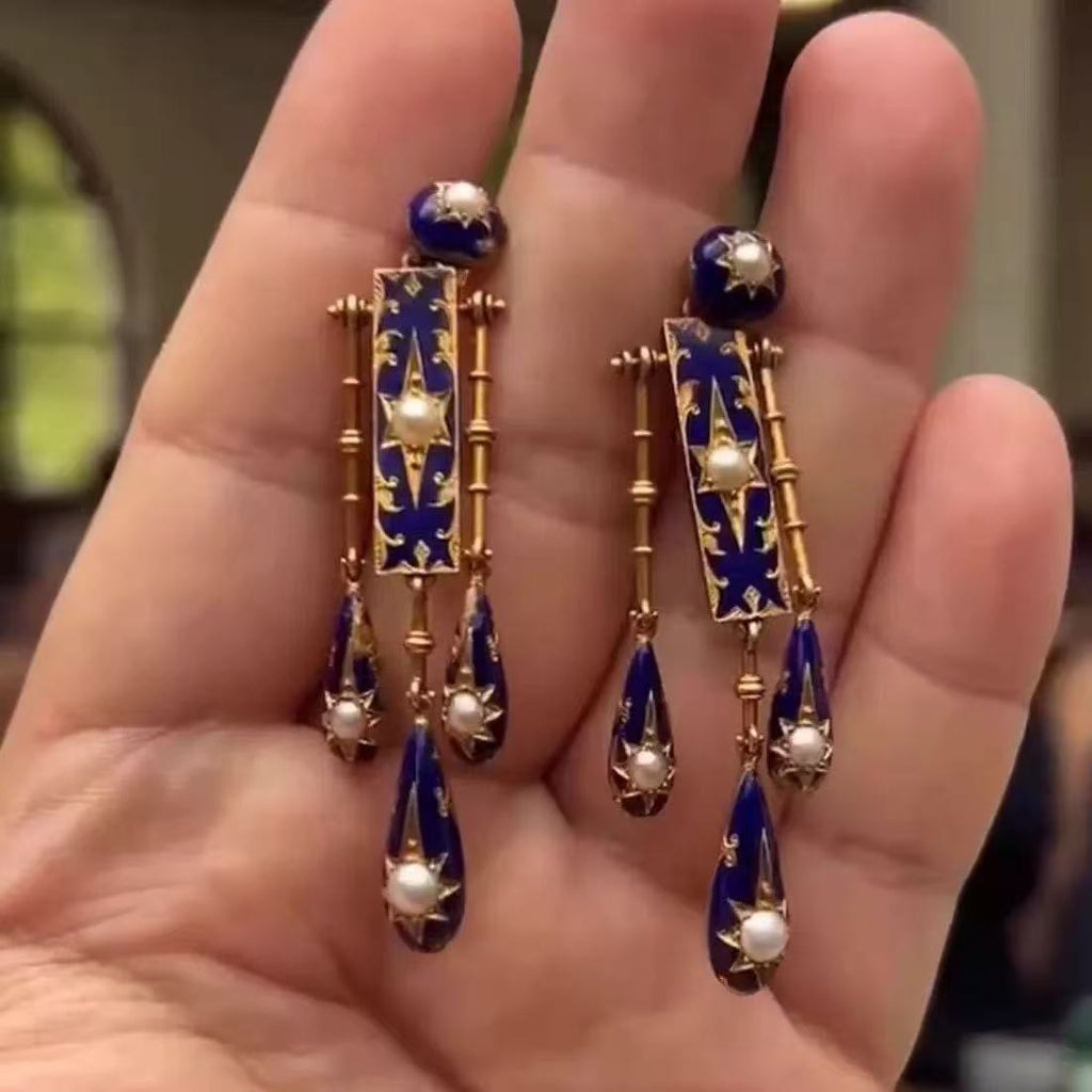 Vintage Art Deco Blue Enamel Gold Pearl Copper Dangler Earrings Bulk