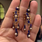 Vintage Art Deco Blue Enamel Gold Pearl Copper Dangler Earrings Bulk