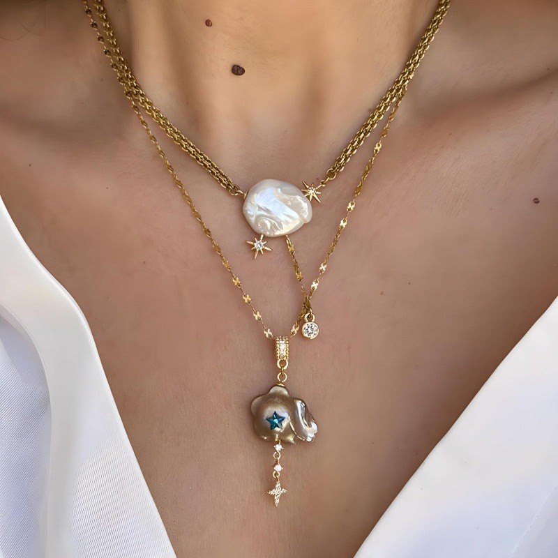 Luxury Pearl & Star Charm Style Gold Anti Tarnish Copper Necklace Bulk