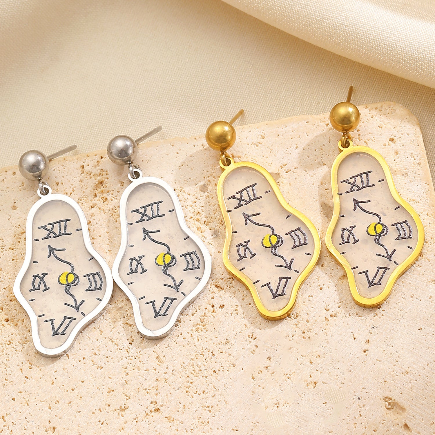 Abstract Clock Design Gold Silver Enamel Copper Drop Earrings Wholesale