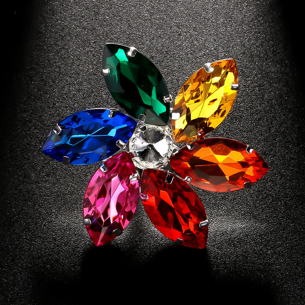 Rainbow Flower Multi Crystal Silver Free Size Anti Tarnish Ring Bulk