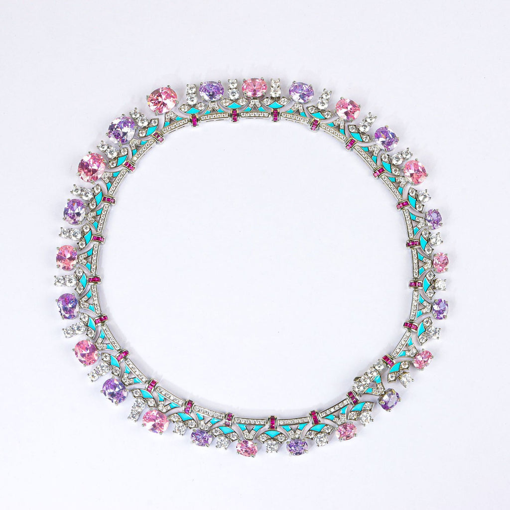Luxury Silver Tone Pink Purple White CZ Copper Necklace Earring Set Bulk