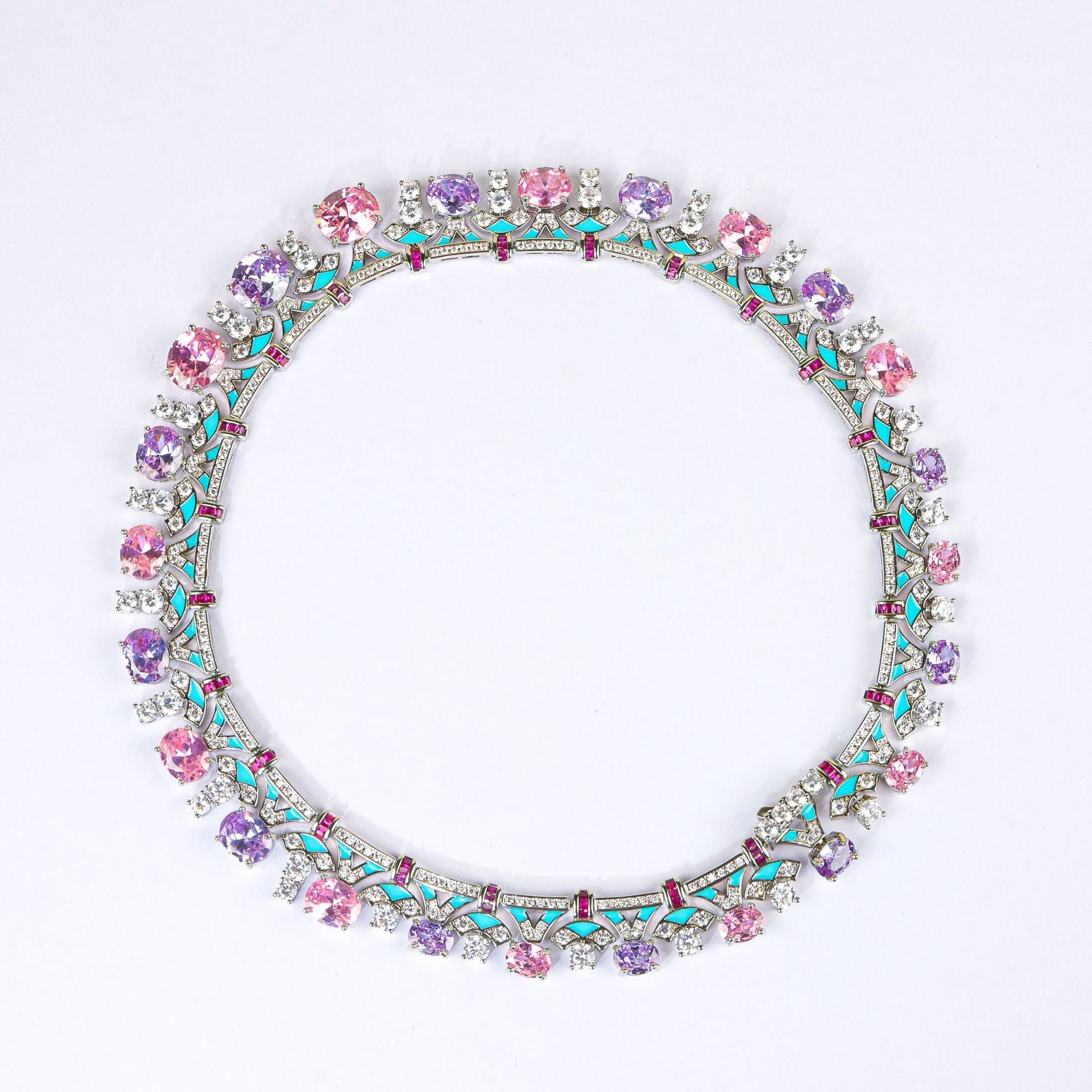 Luxury Silver Tone Pink Purple White CZ Copper Necklace Earring Set Bulk
