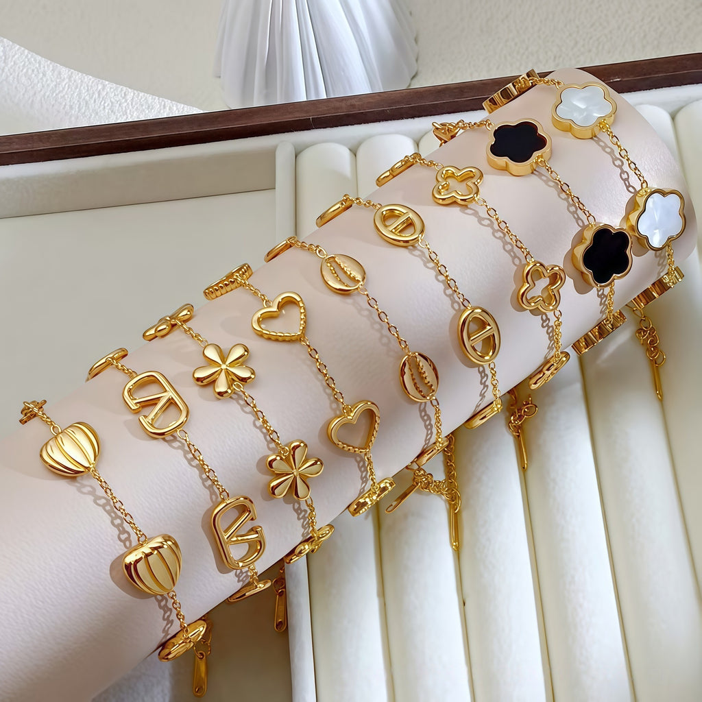 Multi Charms Gold Mother of Pearl Enamel Stainless Steel Bracelet Bulk