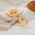 Elegant C-Curve Gold Plated CZ Stainless Steel Stud Earrings Wholesale