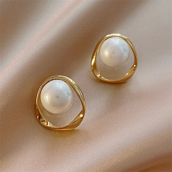 Designer White Pearl Gold Silver Oval Stud Earrings For Women Bulk Secondary image