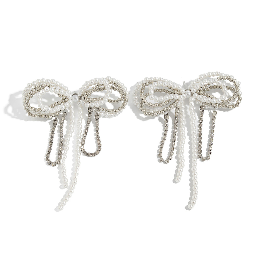 White Chic Bow Style Silver Plated Pearl Drop Earrings For Women Bulk