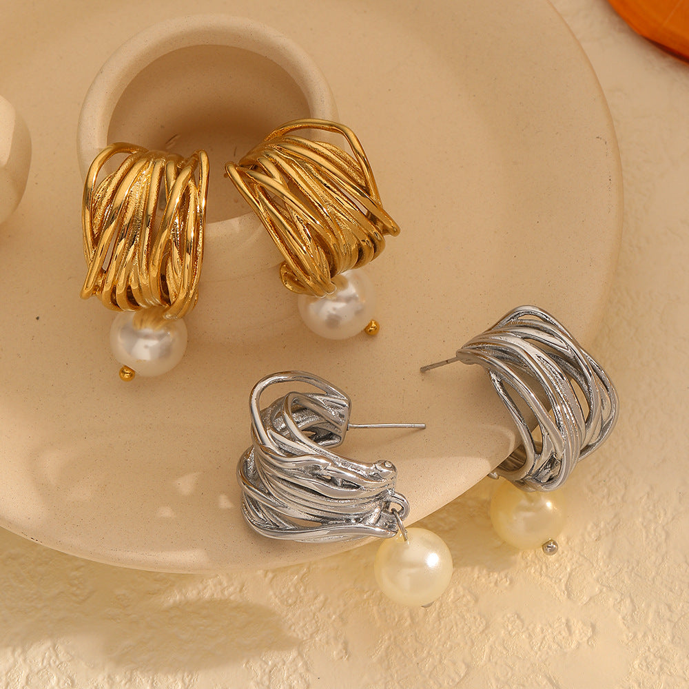 18K Gold Silver Pearl Stainless Steel Anti Tarnish Hoop Earrings Bulk Secondary image