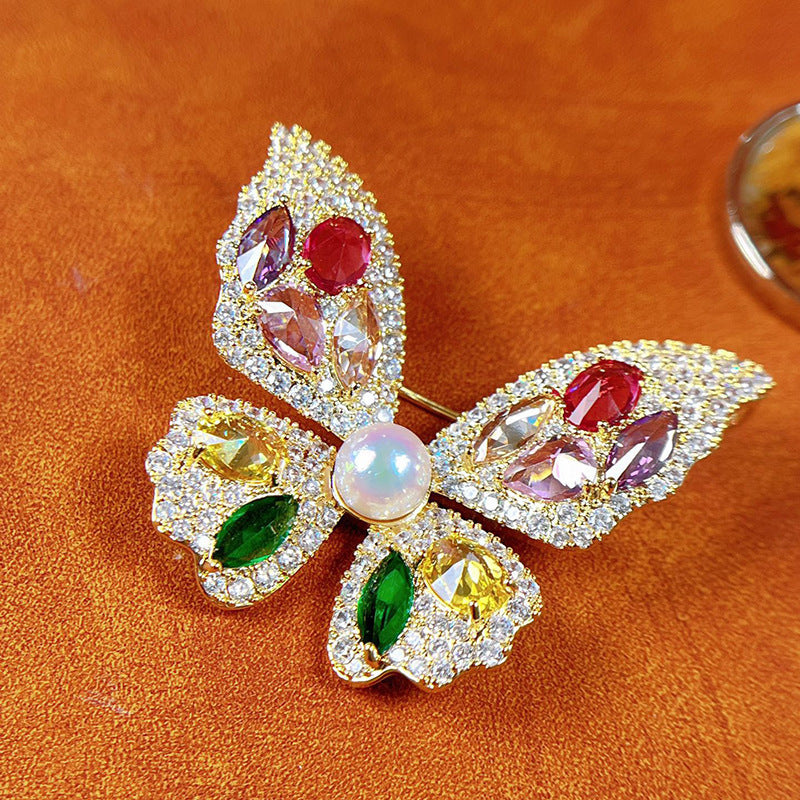 Multi Color Butterfly Gold CZ Pearl Copper Anti Tarnish Brooch Bulk