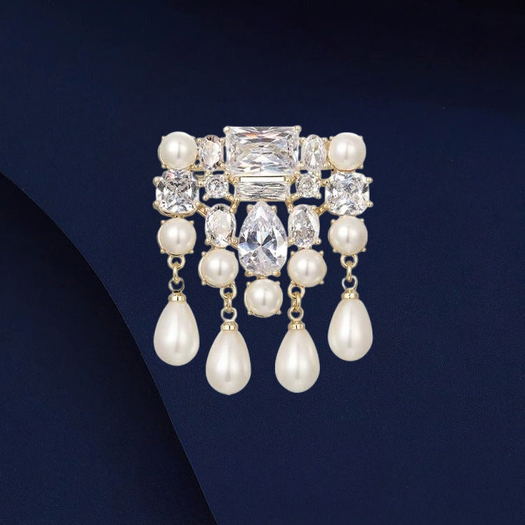 Designer CZ & Pearl Gold Rhinestone Copper Anti Tarnish Brooch Bulk