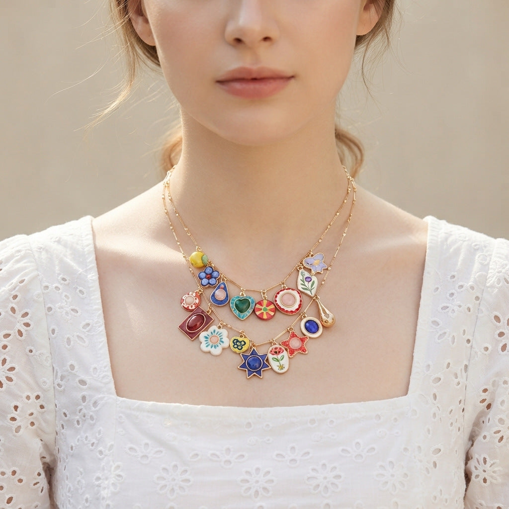 Multi Color Layered Charm Gold Enamel Necklace For Women